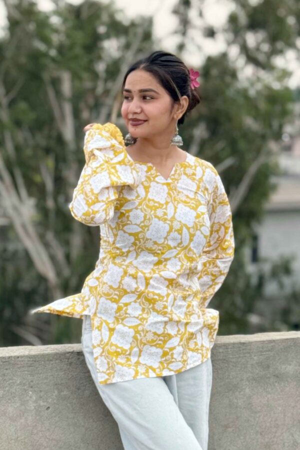 Sunlit Blossom V-Neck Cotton Kurti