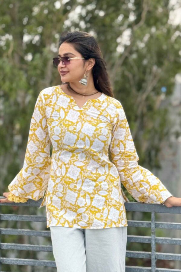 Sunlit Blossom V-Neck Cotton Kurti - Image 2