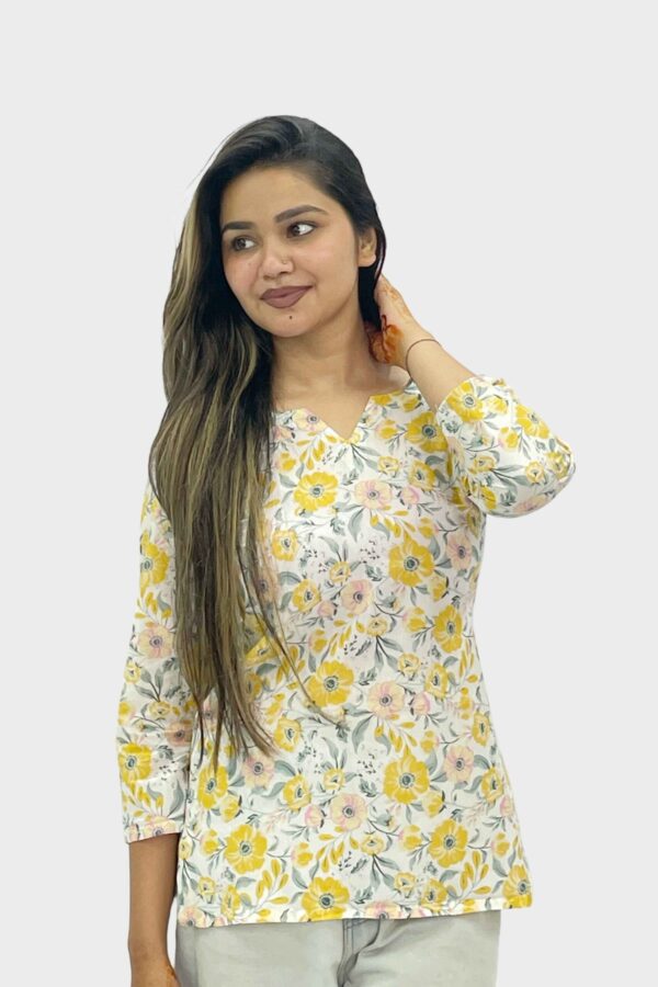 Yellow Floral Heart-Neck Kurti